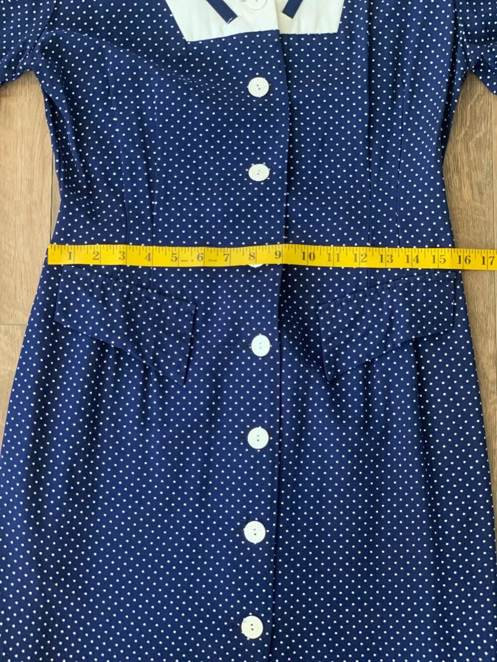 Vintage Polka Dot Shirtwaist Dress S/M Navy White Button Modest Rockabilly Pinup - Picture 13 of 16